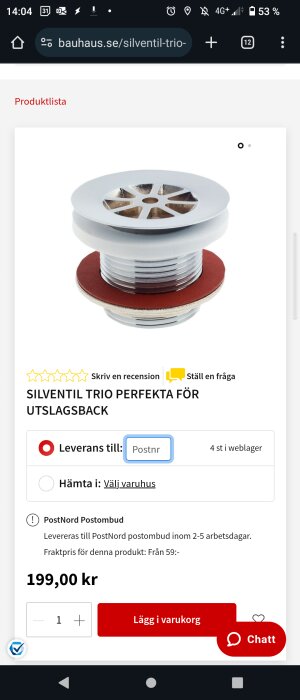 En skärmdump från en webbutik visar ett vitt silventil avsedd för en utslagsback, prissatt till 199 kronor.