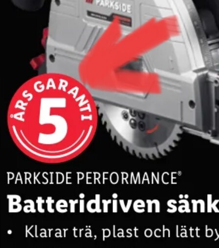 Batteridriven cirkelsåg, märket Parkside Performance, rött garantimärke, 5 års garanti, kapar trä, plast, lätt byggmaterial.