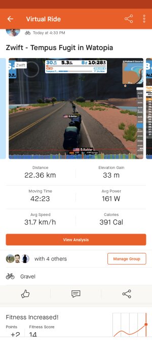 Skärmklipp av en virtuell cykeltur på Zwift, med distans, tid, hastighet och kaloriförbrukning synliga.