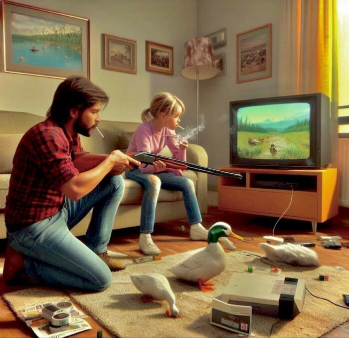 Två personer spelar Duck Hunt med ljuspistol, ankor på golvet, retro TV-spelskonsol, nostalgiskt vardagsrum.