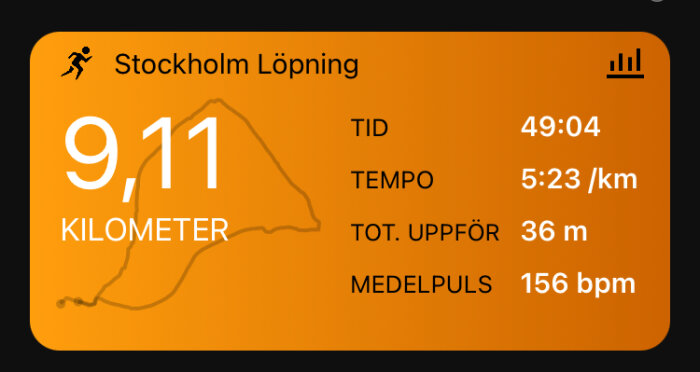 Appskärm visar löpning i Stockholm: 9,11 kilometer, 49:04 tid, 5:23 tempo, höjd 36 meter, 156 bpm puls.