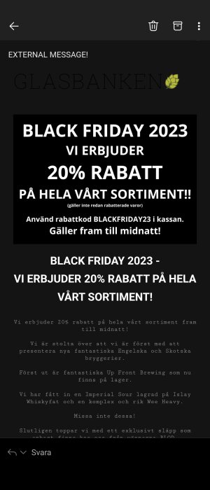 Reklambild för "Black Friday 2023"-kampanj med 20% rabatt på sortiment, rabattkod, giltighetstid och introduktion av produkter.