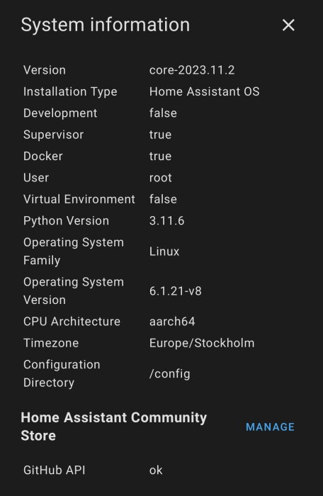 Skärm  som visar systeminformation för Home Assistant; versioner, operativsystem, tidzon, arkitektur och GitHub API-status.