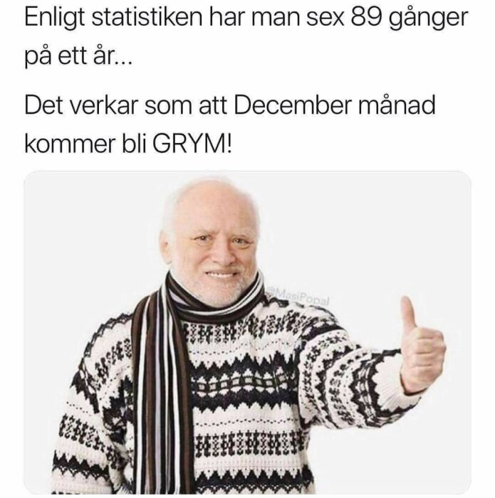 Man i stickad tröja och halsduk ler, gör tummen upp, textskämt om statistik, sexfrekvens, månad.