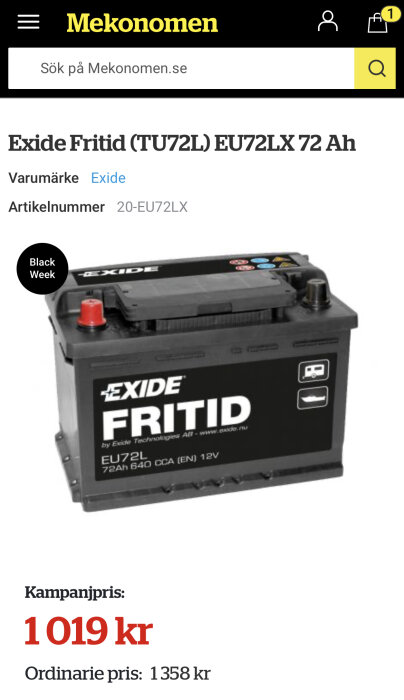 Exide bilbatteri, 72 Ah, 12V, kampanjpris, svart, webbsida för Mekonomen, produktdetaljer, "Black Week" erbjudande.