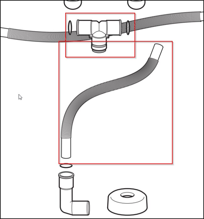 Svartvit illustration av rörledningar och flexibla slangar, möjligen delar av ett VVS-system eller liknande installation.