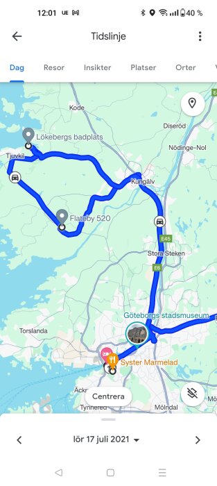 Skärmdump av kartapp med reserutt och platser nära Göteborg, Sverige, daterad 17 juli 2021.