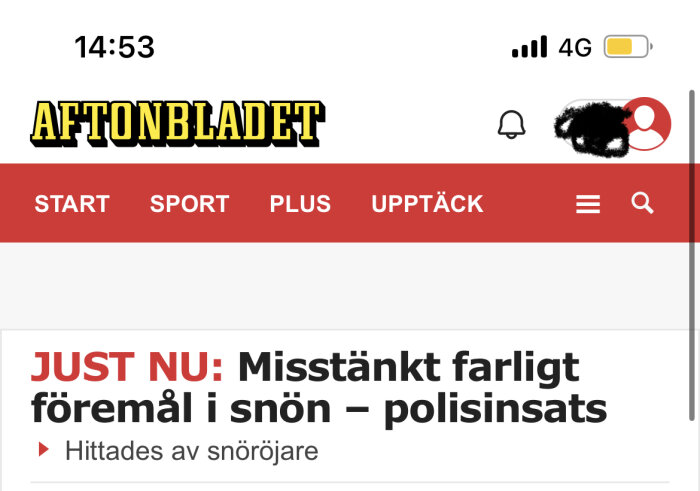 Skärmdump från Aftonbladet, nyhetsrubrik om misstänkt föremål i snö, polisinsats, notiser och batteristatus visade.