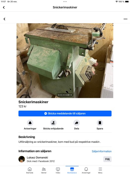 En begagnad, grönmålad träbearbetningsmaskin till salu på en online marknadsplats.
