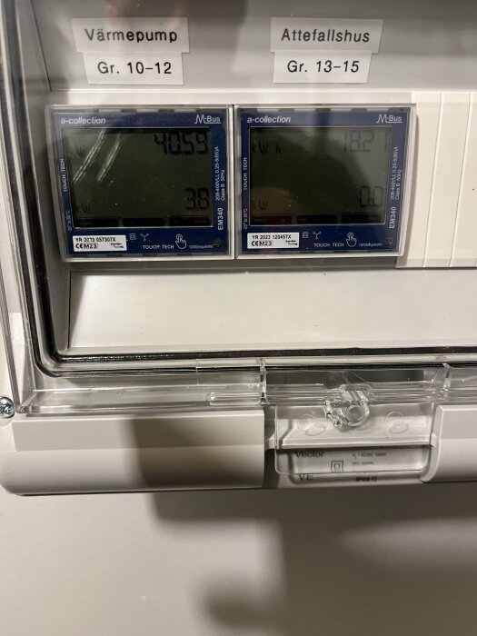 Två energimätare monterade på vägg, etiketterade för "Värmepump" och "Attefallshus" med digitala displaydata.