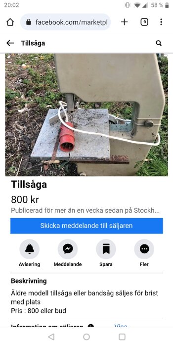 Använd tillsåg till salu på webbmarknadsplats, begagnad, skitig, röd plugg, gräsmark i bakgrunden, 800 kronor.