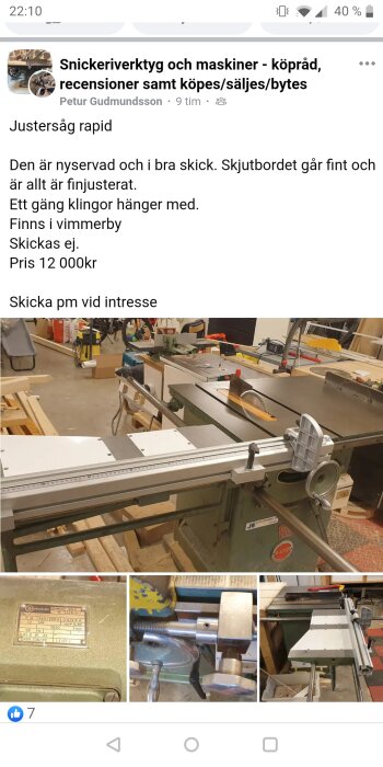 Begagnad justersåg till salu, i bra skick, finjusterad, extra klingor inkluderade, finns i Vimmerby, sändes inte.