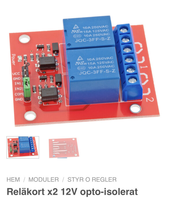 2-kanals 12V optoisolerat reläkort för elektroniska projekt och automation.