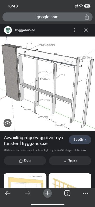 Teknisk ritning av en väggkonstruktion med måttangivelser, troligen för byggnadsdesign eller renovering.