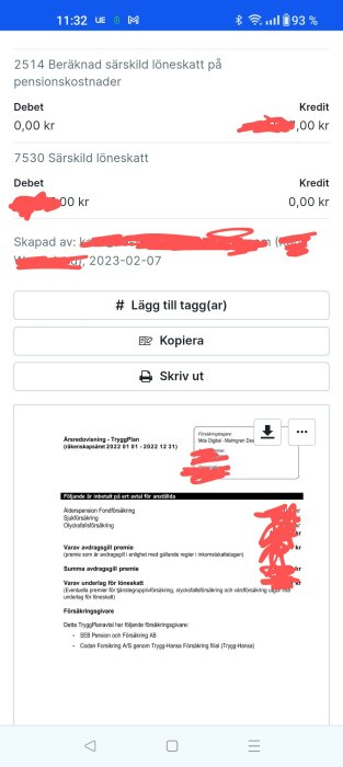 Skärmdump av ekonomiskt dokument, skatter och försäkringsinformation, redigerad för att dölja känslig data.