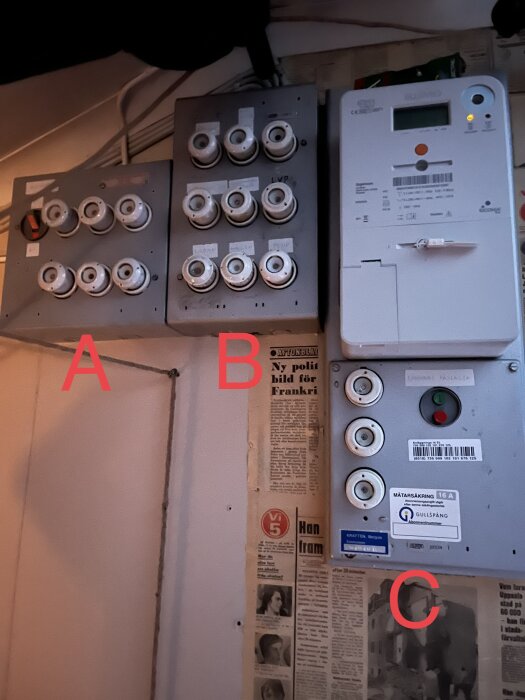 Elcentraler och säkringsskåp på en vägg med tidningsurklipp, med etiketter A, B och C.