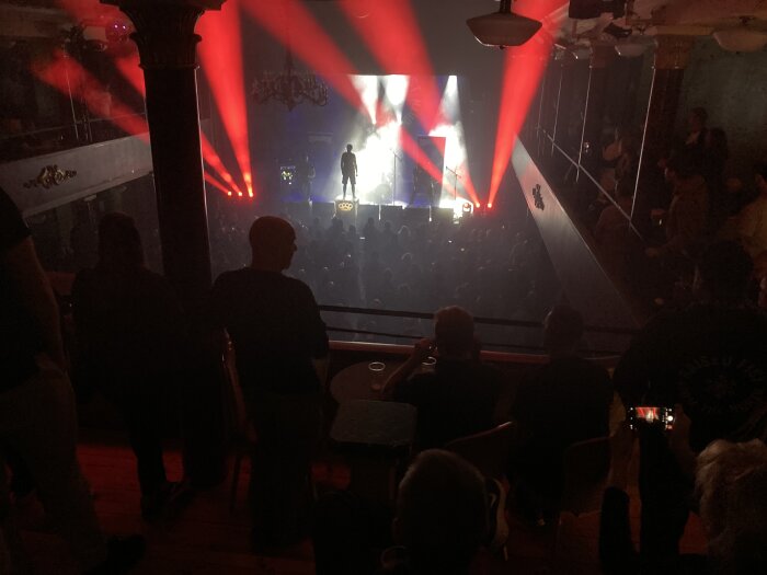 Konsertlokal med publik och scen, starka ljus och silhuetter, en artist framför. Intim atmosfär.