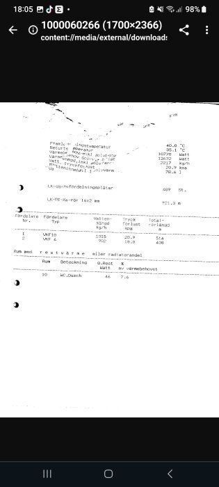 Skrämdump av teknisk dokumentation på svenska, möjligen VVS-relaterat, med text och siffror.