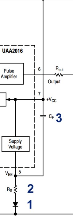 Elektroniskt kretsschema, UAA2016 puls-förstärkare, komponenter, nätspänning, utgång, kondensator, motstånd.