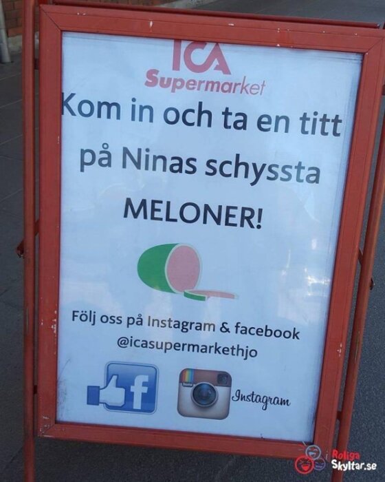 ICA Supermarket-reklam för meloner, sociala medier-logotyper, uppmanar besök i butik, humoristisk ton.