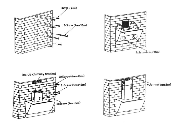 Monteringsinstruktioner för murad skorsten, visar väggpluggar, skruvar, konsoler och ett skorstenstöd.