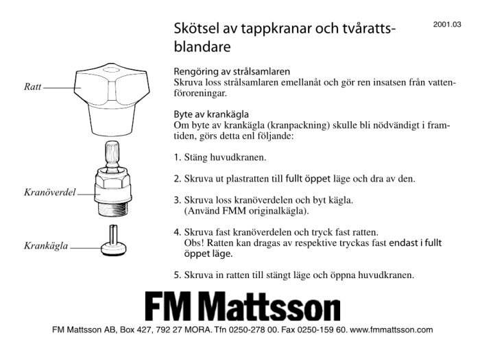 Instruktionsblad för skötsel av tappkranar och blandare, inkluderar steg-för-steg anvisningar och diagram, på svenska.