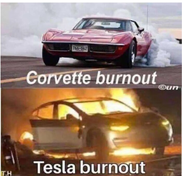 Meme jämför traditionell "burnout" med rök från däck och Tesla i lågor som "burnout". Humoristisk ordlek.