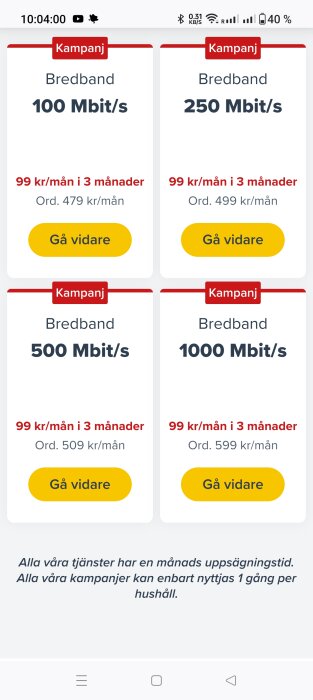 Skärmdump av erbjudanden på bredbandstjänster med olika hastigheter och kampanjpriser.