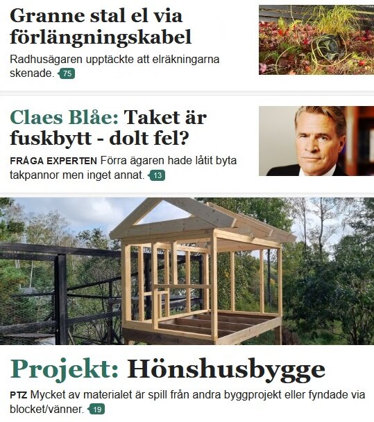 Webbsida med nyhetsrubriker; personporträtt; ämnen: stöld, byggfel, och hönshusbygge.