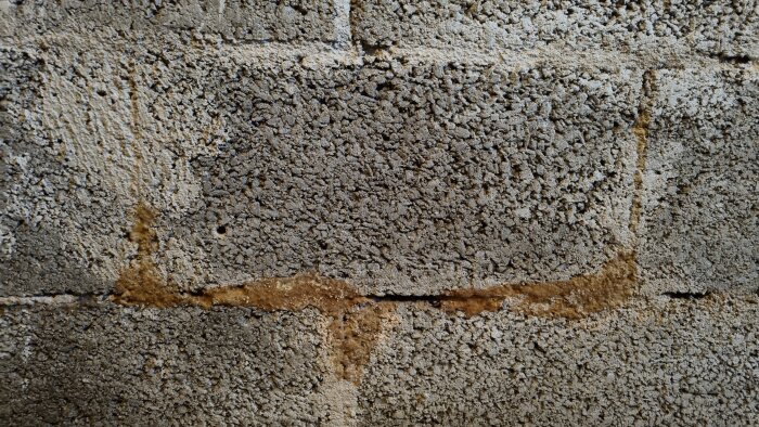 En närbild på en grov betongvägg med synliga fogar och en del missfärgningar.