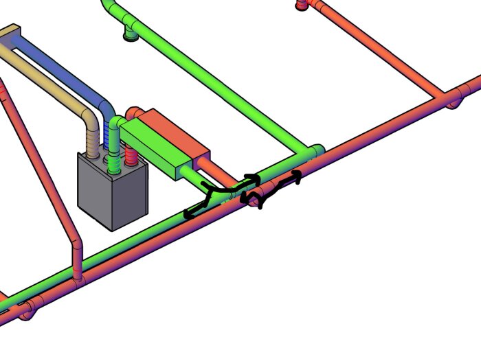 3D-bild av färgglada rör med anslutningsbox och flänsar, teknisk ritning, virtuell modellering.