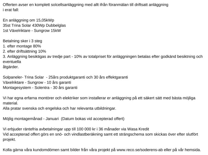 Offert för solcellsinstallation inklusive specifikationer, garantier, betalningsplan och information om företagets tjänster.