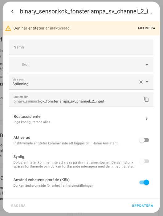 Skärmdump av inaktiverad Home Assistant-enhet för fönsterbelysning, inställningar, aktiveringsknapp och varningsmeddelande.