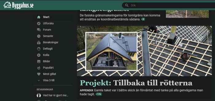 Webbplats för byggprojekt. Meny till vänster, artikel om takarbete, två bilder på svart tak.