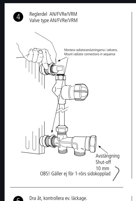 Instruktionsbild för montering av radiatorventil med text på svenska och engelska, inkluderar varningar och stegnummer.