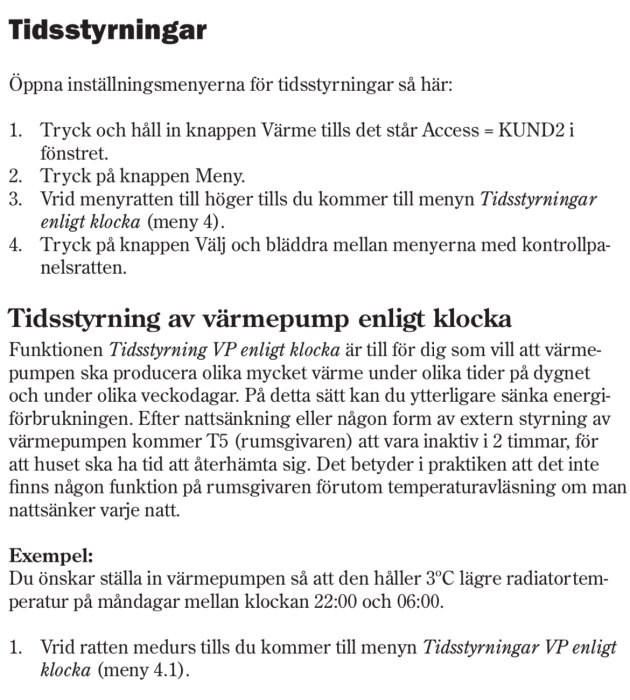 Instruktioner för tidstyrning av värmepump enligt klocka på svenska.