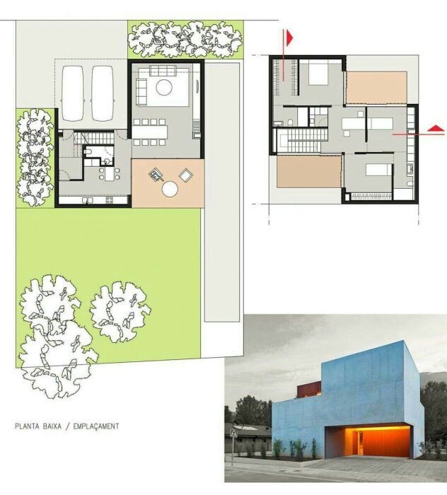 Arkitektoniska ritningar av en byggnad och dess utformning, inklusive planlösning och exteriörbild.