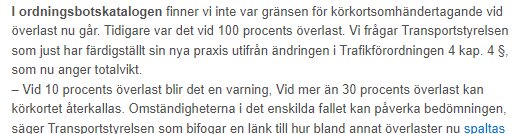 Svensk text om förarbevis och böter vid överlastning; referens till Transportstyrelsens praxisändring.