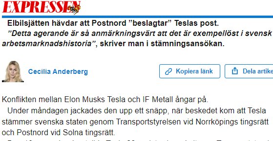 Artikel om konflikt mellan Tesla och Postnord angående posthantering, refererad av Expressen, med Cecilia Anderberg som reporter.