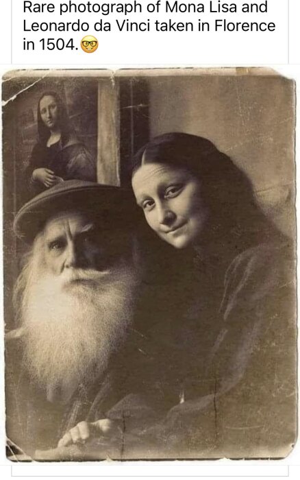 Manipulerad bild som föreställer Mona Lisa och skäggig man, felaktigt påstådd vara äkta från 1504.