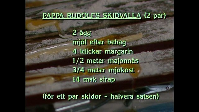 Skidvallarecept på skidor, humoristiskt presenterat som matrecept, mätas i meter och matskedar, text, svensk.