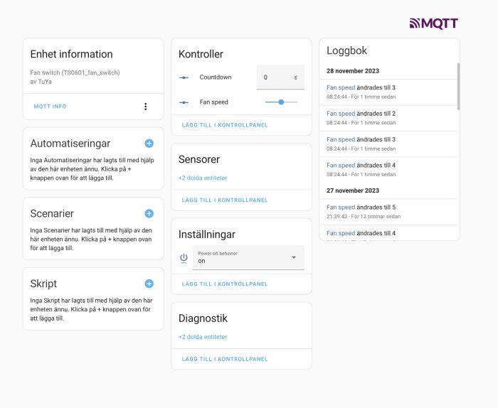 Smart hus-system gränssnitt, fläktkontroller, automatseringar, scenarier, loggbok, på svenska, modern design.