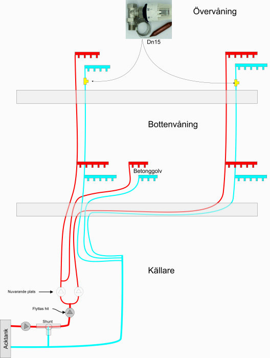 Schematisk ritning av VVS-installation visande rördragning i flervåningshus med källare, botten- och övervåning.