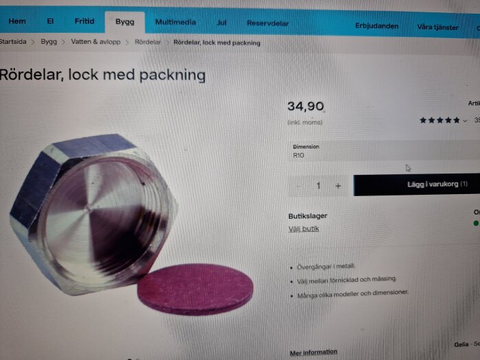 E-handelssida som visar en rördel, ett lock med packning, prissatt till 34,90 kronor.