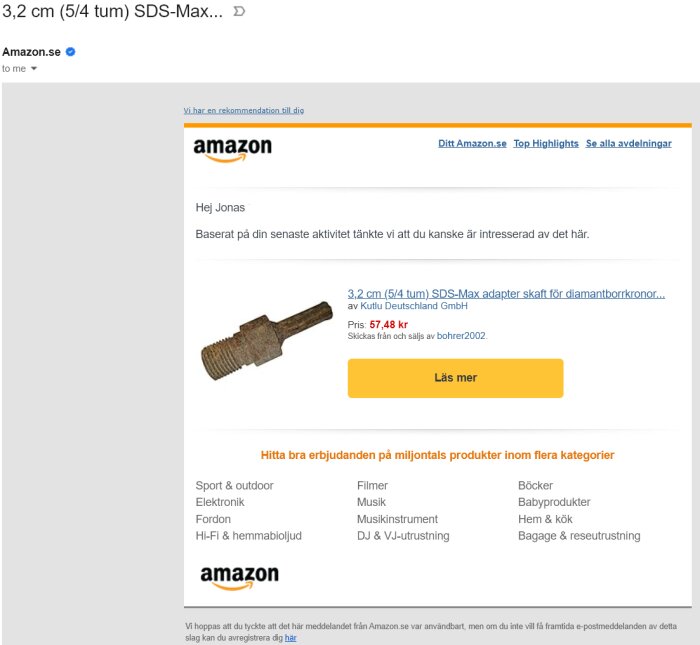 Skärmdump av Amazon.se med produktrekommendation för en SDS-Max adapter till ett verktyg.
