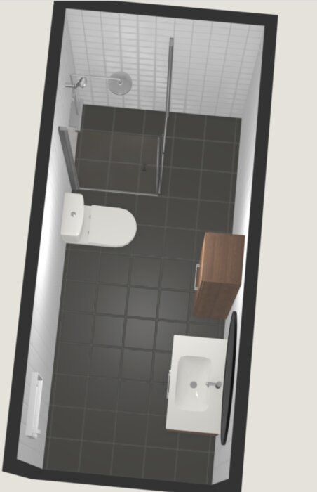 3D-ritning av ett modernt badrum med dusch, toalett, handfat och spegel.