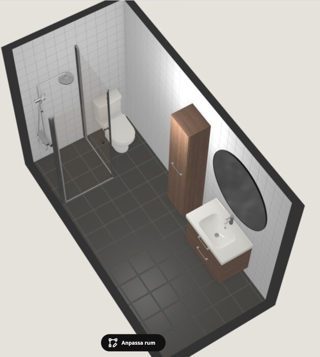 3D-modell av ett badrum med toalett, dusch, handfat och spegel, mörkt golv, ljust kakel.