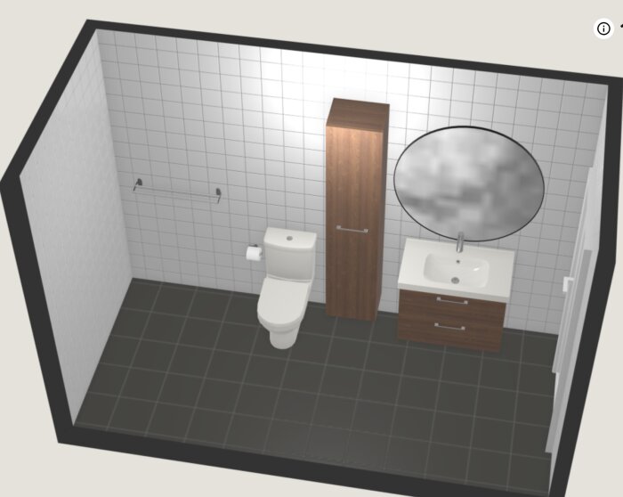 Modernt badrum med toalett, handfat, spegel, skåp, vita kakelväggar och mörkt golv.