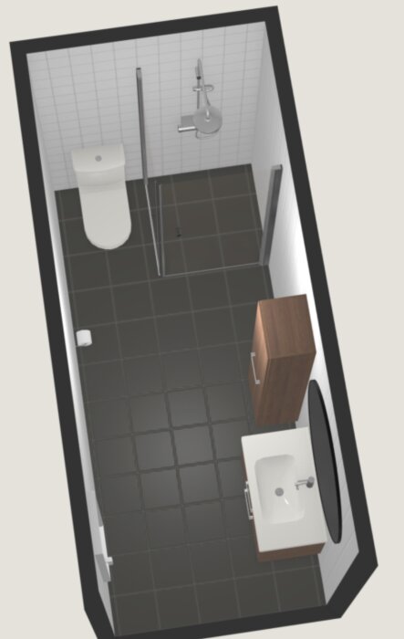 3D-modell av ett modernt badrum med dusch, toalett och handfat i grått och vitt.