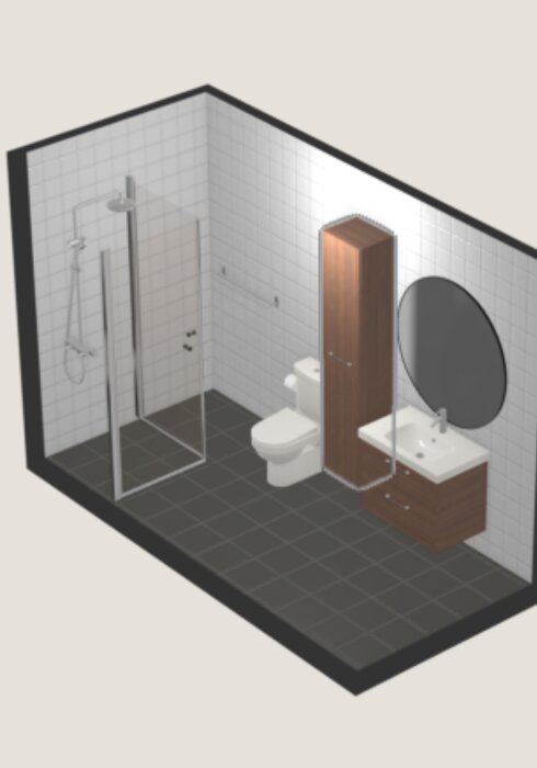 3D-modell av ett badrum med dusch, toalett, handfat, spegel och skåp.